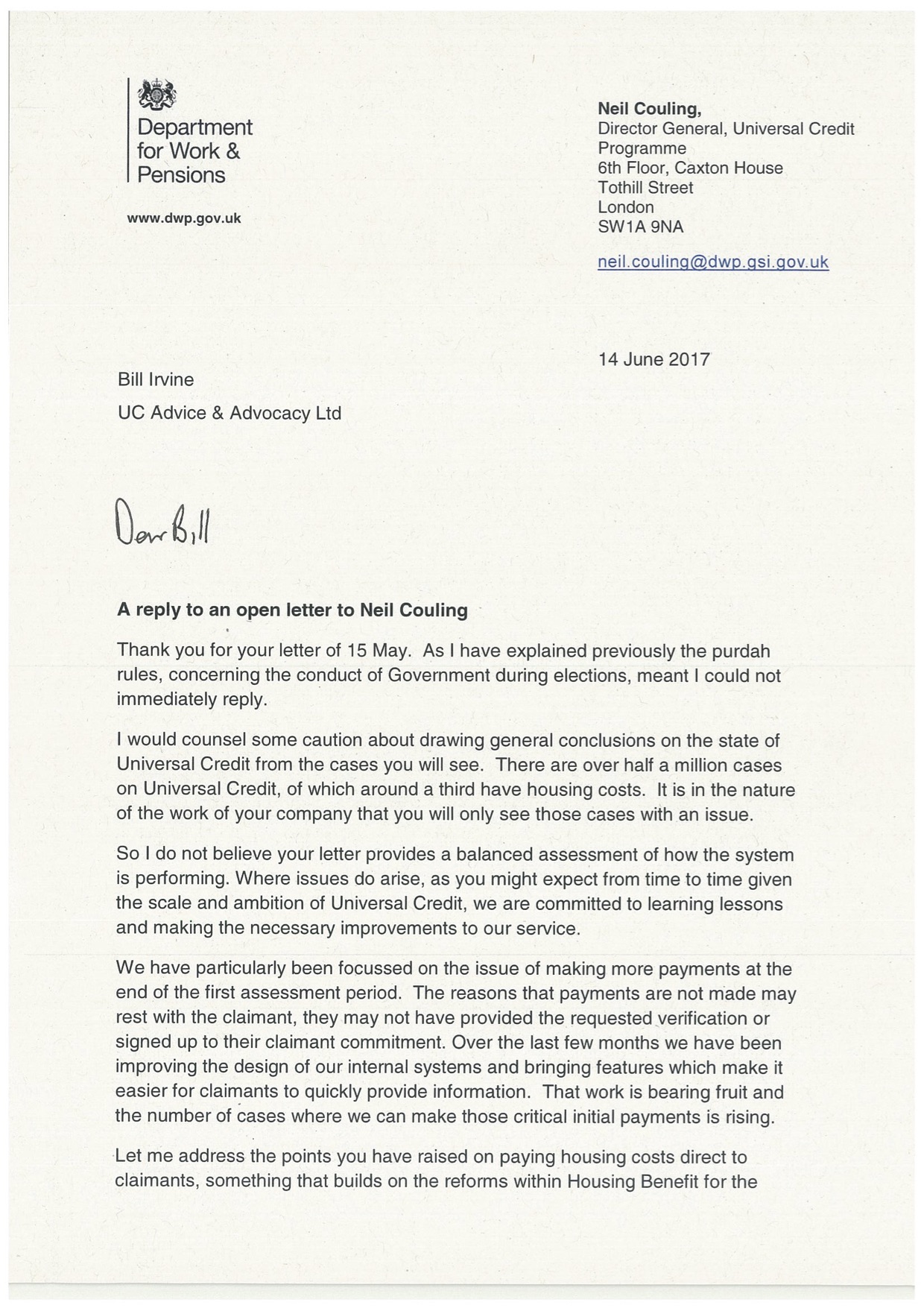Dear Mr Couling, DWP's Director General